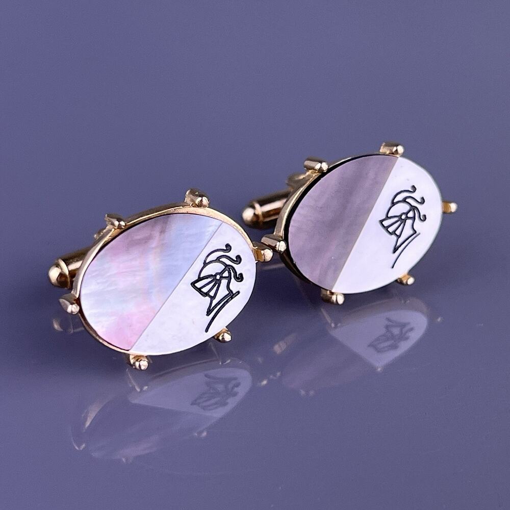 Knight Squire Mother of Pearl Cufflinks Gold Tone Black White Shields Vintage